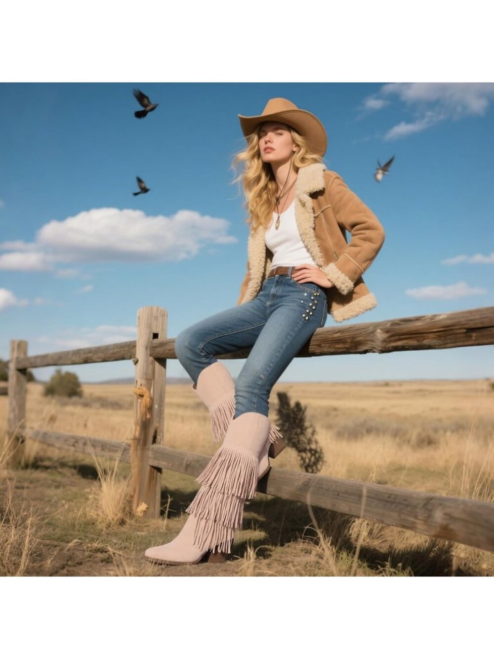 Women Apricot Retro Pointed Toe Pull On Block Chunky Heel Embroider Cowgirl Boot - Picture 2 of 6